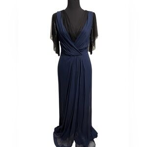 Carolina Herrera women’s long gown sheath dress v neck navy 100% silk USA size 8